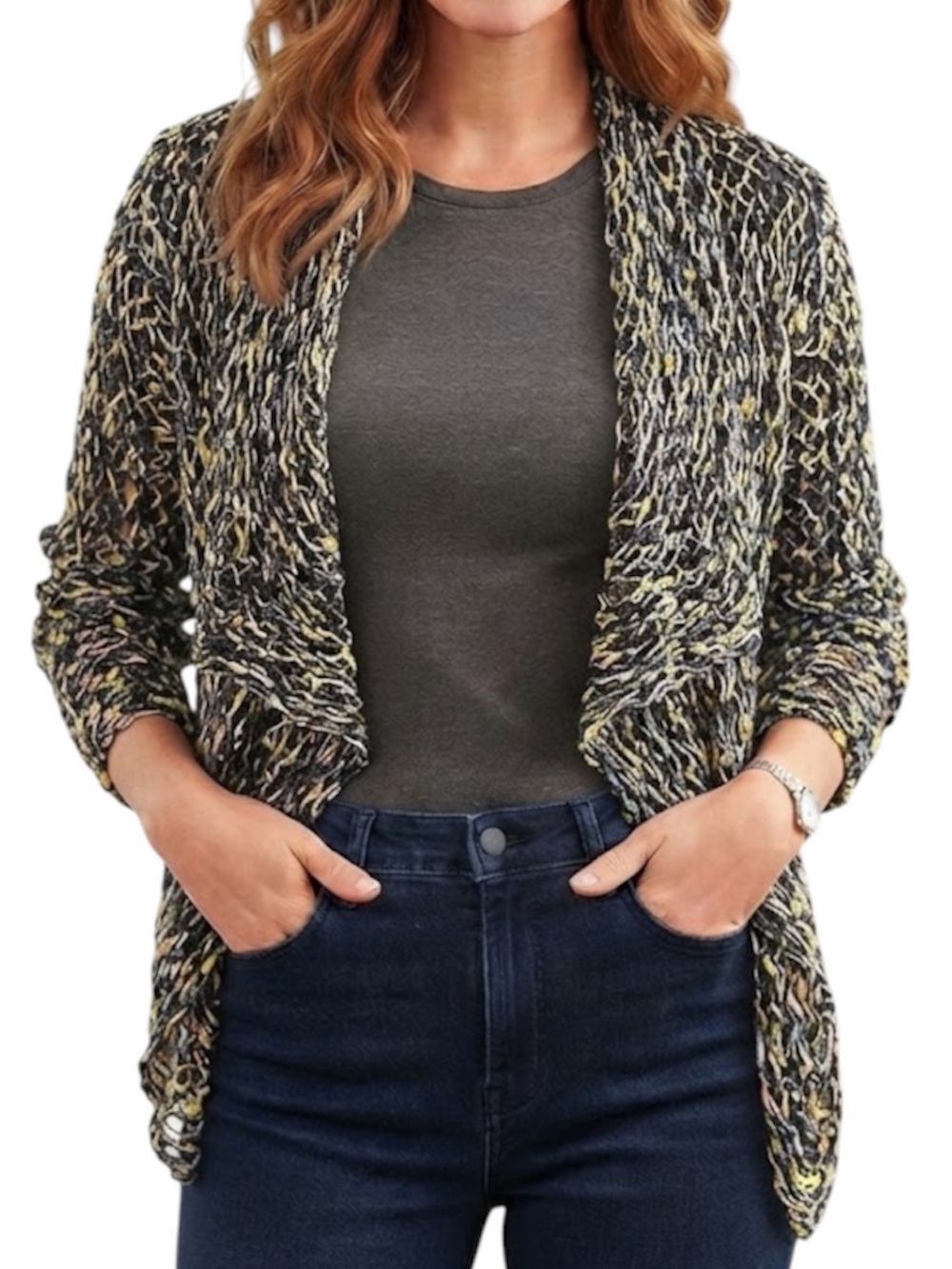 OLD KHAKI Bohemian Navy Blue Confetti Knit Open Front Waterfall Cardigan Medium
